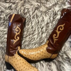 Lucchese Women Ostrich Leather Western Boots in Tan and Brown New Soles Sz 8 B